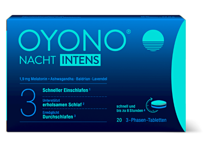 OYONO NACHT INTENS ist eine 3-Phasen-Tablette aus Pflanzenextakten und 1,9 mg Melatonin zur starken Unterstützung bei Ein- und Durchschlafproblemen